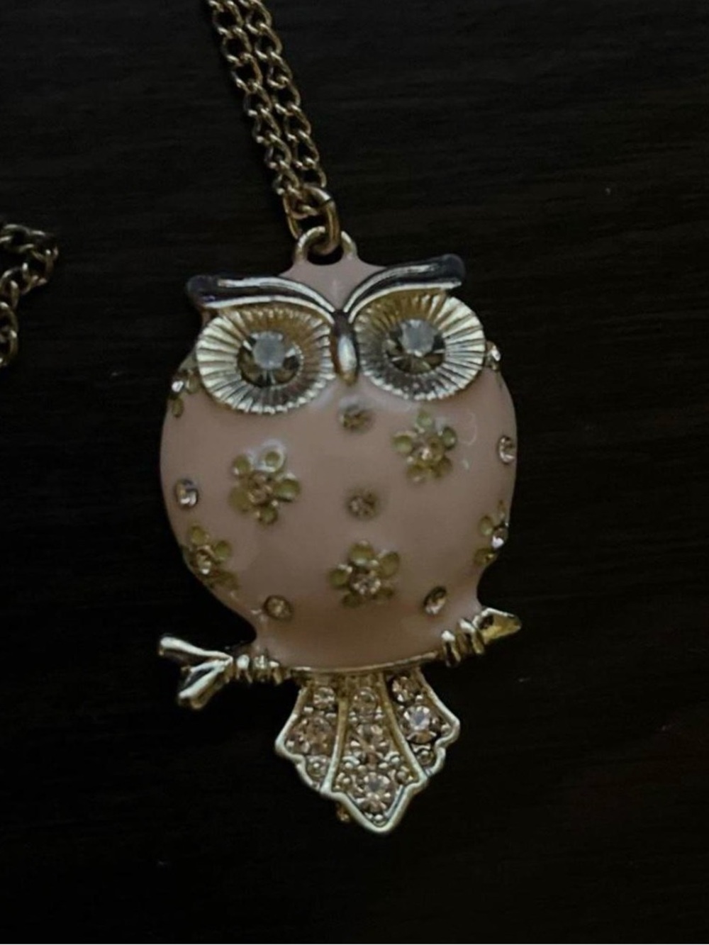 Gold-Tone Pink Owl Pendant Necklace with Crystal Accents